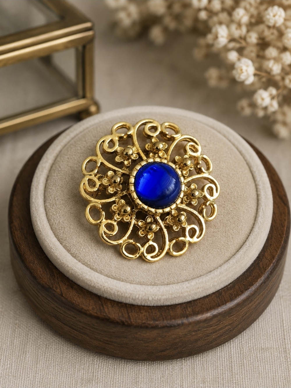 Gold Filigree Brooch with Royal Blue Cabochon